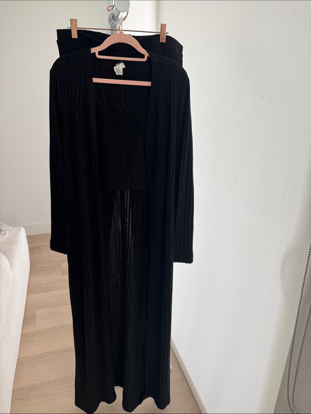 Long Black Ribbed Duster Cardigan Three Piece Set